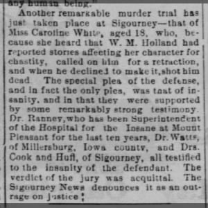 Caroline White murder trial, 25 Apr 1878, "Weekly Davenport Democrat"