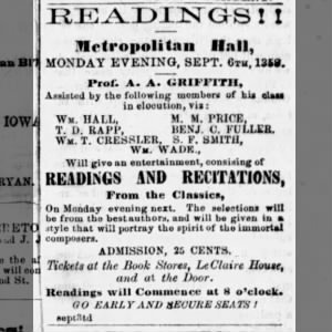 1858.09.03 - DMN - Readings and Recitations at Metropolitan Hall, with S.F. Smith, p1